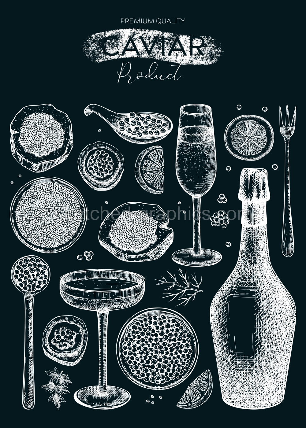 Caviar and champagne hand drawn illustration. Hand drawn menu design with red caviar canape, canned black caviar, sparkling wine bottle, glasses sketches. Seafood background on chalkobard Illustration